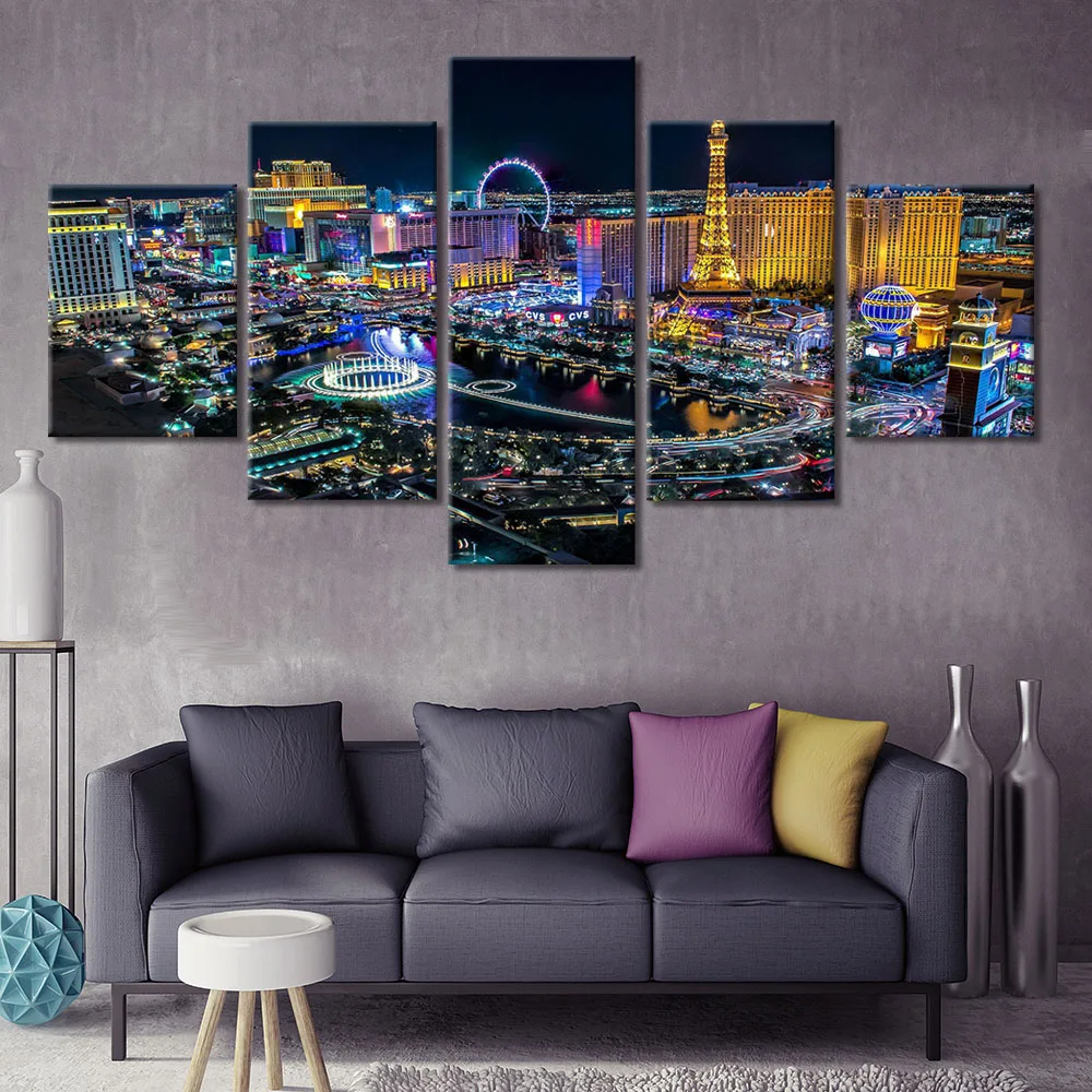 

5 Panels Canvas Wall Arts Poster Painting Las Vegas Night Secenry Decor Print Living Room Picture Home Decoration Mural Artwork