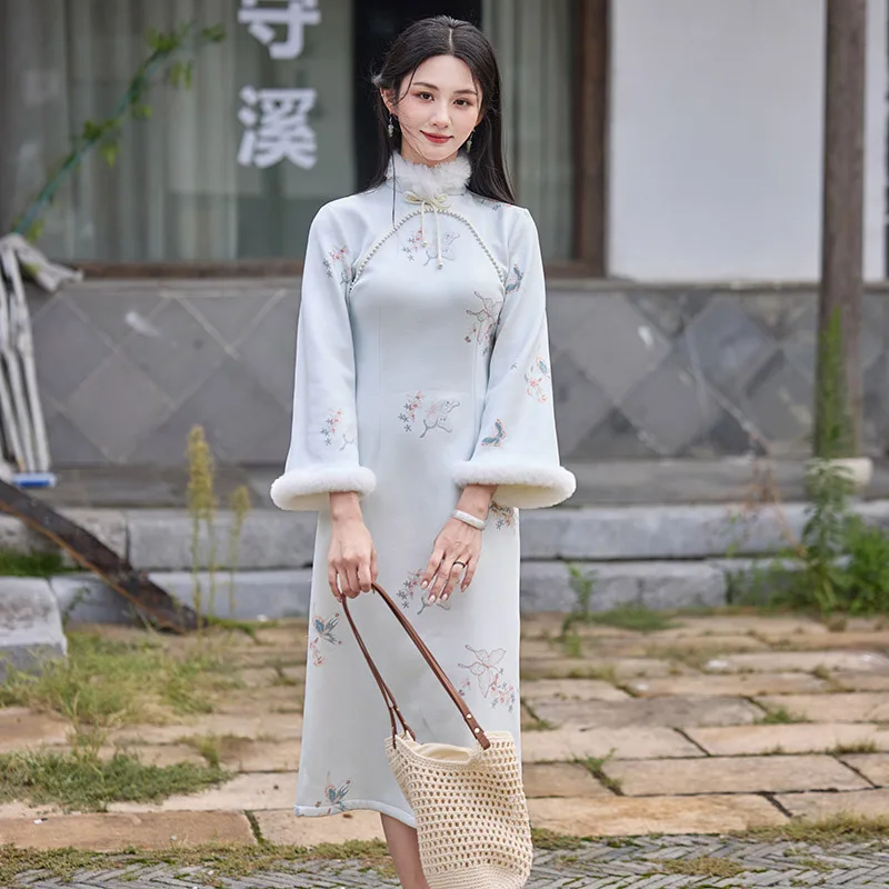 

Yourqipao зимнее утепленное вечернее платье Cheongsam Qipao на флисовой подкладке в традиционном китайском стиле с длинными рукавами для женщин