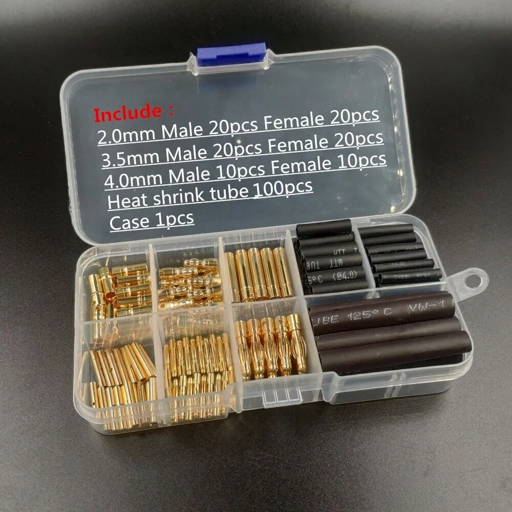 100 Stück 2/3,5/4 mm vergoldete Bananen-Rundstecker, männlich-weiblicher Stecker mit schwarzem Schrumpfschlauch für RC-Batterie, ESC-Motorteil – Detail 7