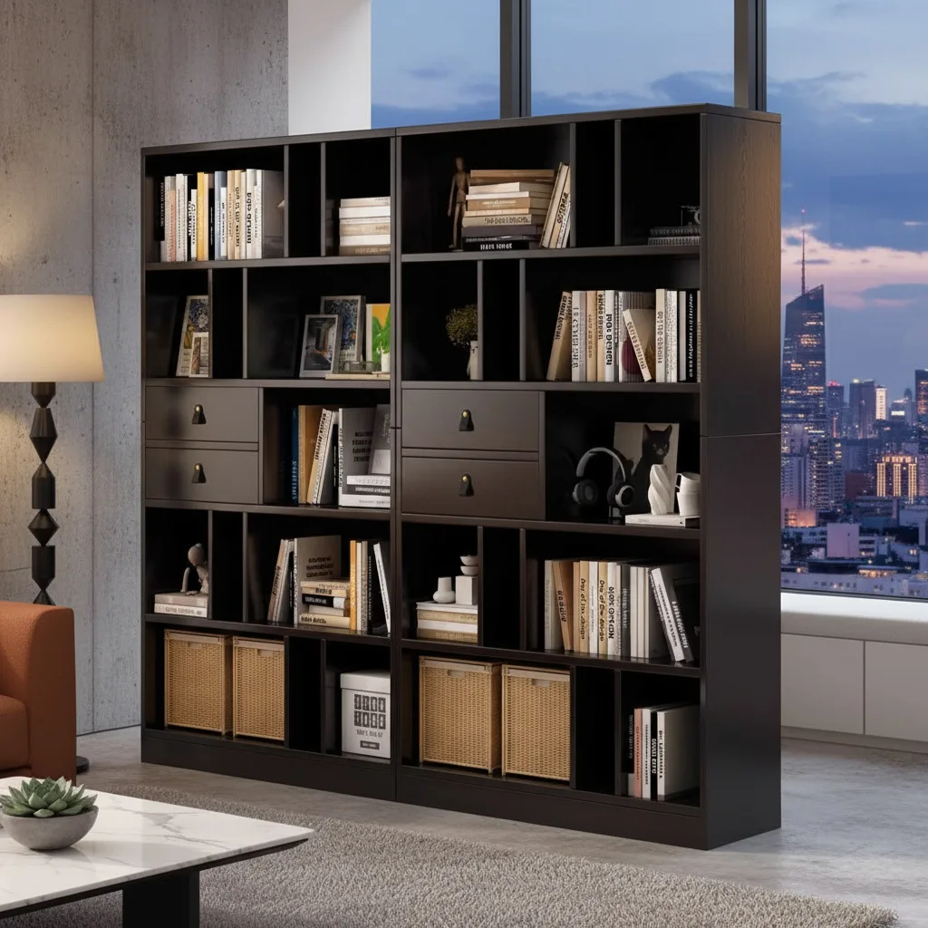 

Tall Bookcase, 5 Tier Bookshelf with 2 Drawers Wood Book Display Storage Cabinet for Living Room, Bookshelf Library Furniture