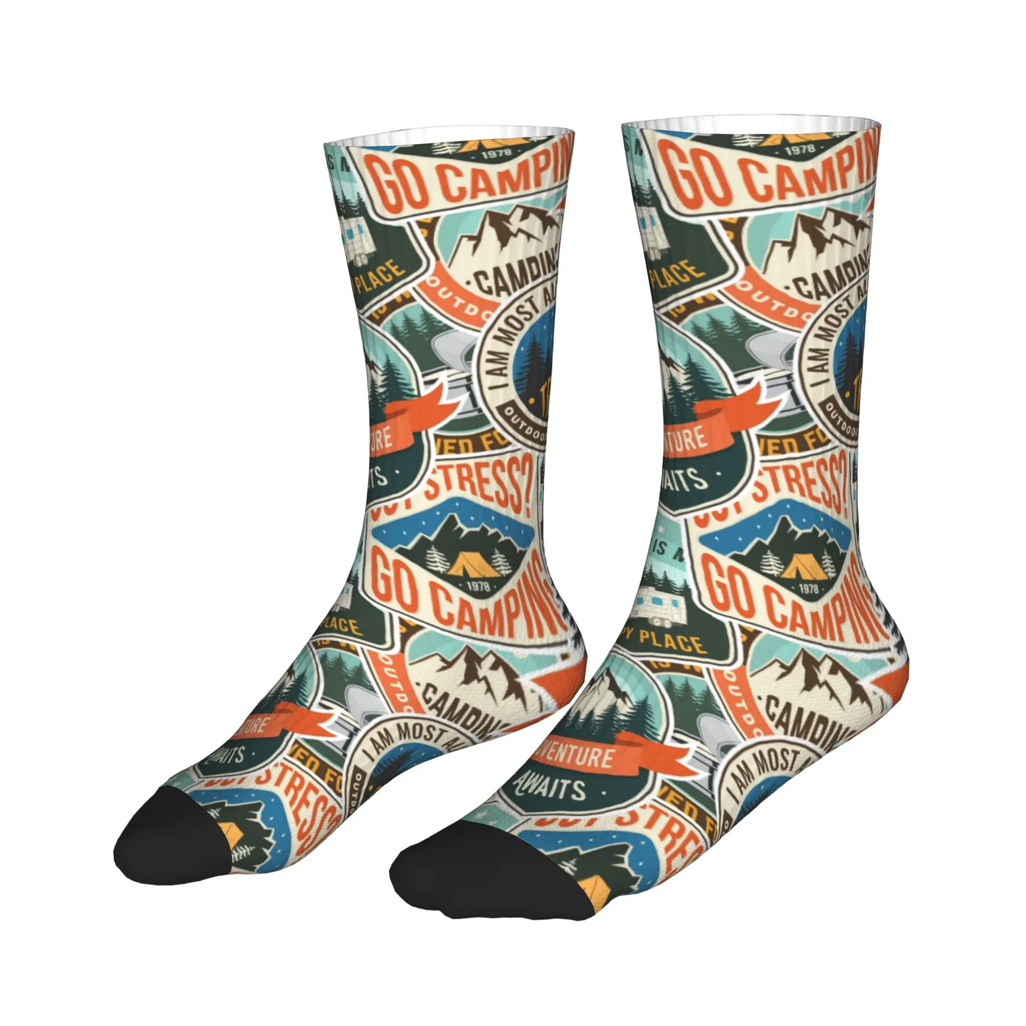 Fashion Men's Vintage Mountain Camp Badge Outdoor Seamless Print Dress Socks Unisex Breathbale Warm 3D Printed  Crew Socks view 3