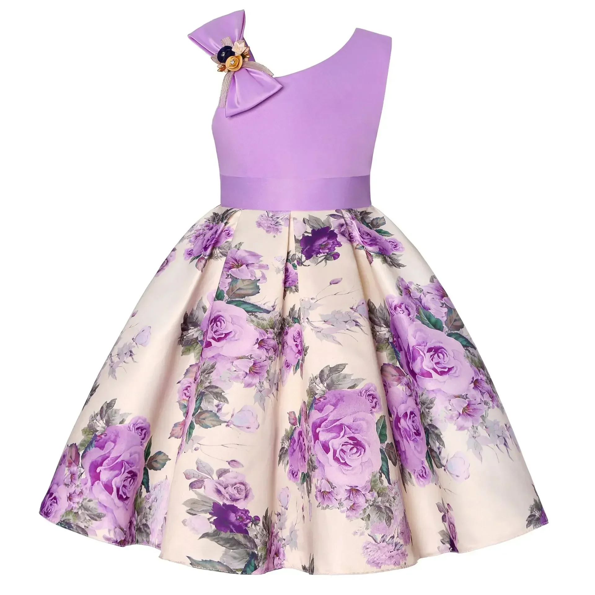 Vestido de hombro Diagonal para niñas, bonito vestido con estampado Floral de princesa, sin mangas, disfraz de fiesta a la moda, primavera y verano