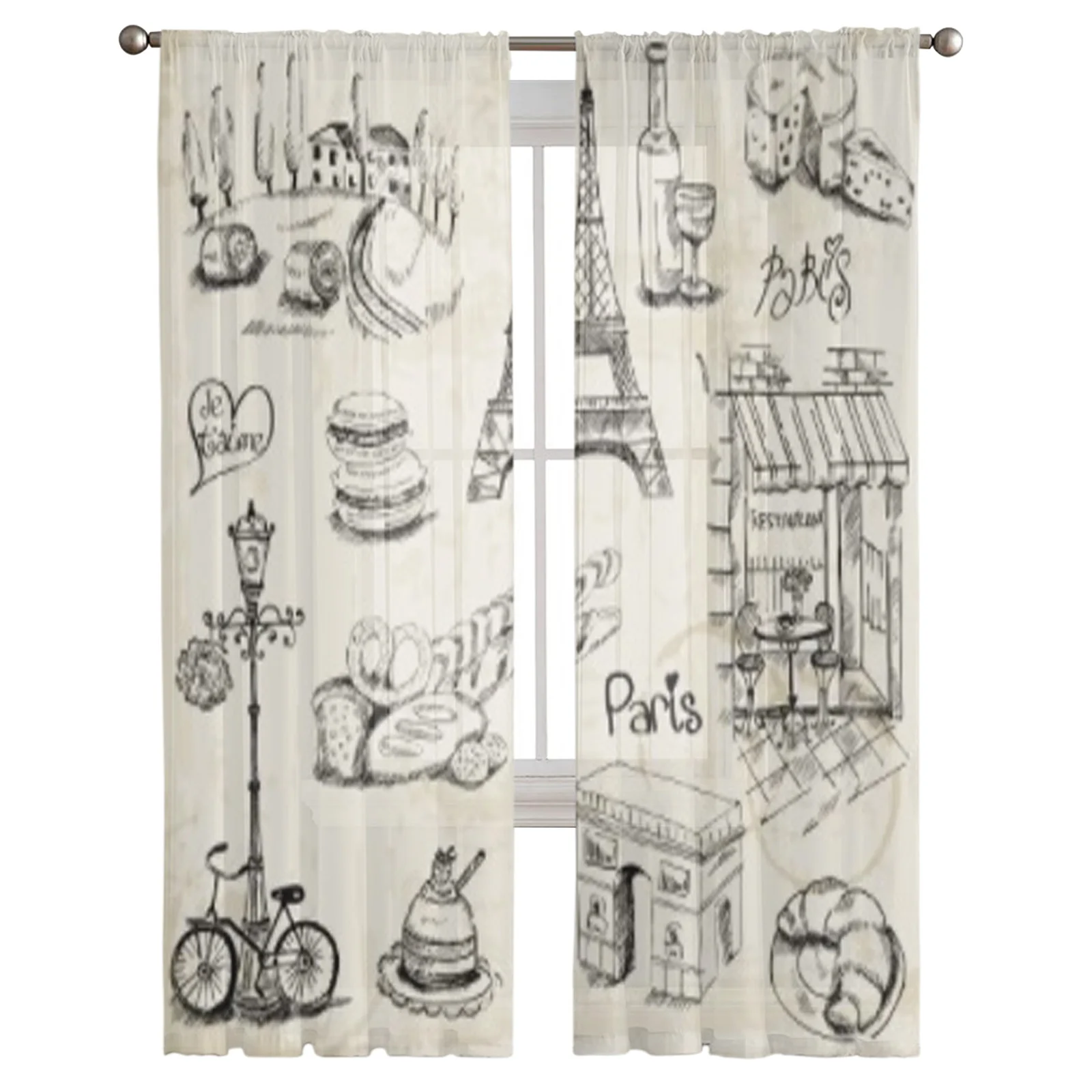 Paris Illustration Tulle Sheer Window Curtains For Living Room The Bedroom Modern Chiffon Voile Organza Curtains Decor Drapes