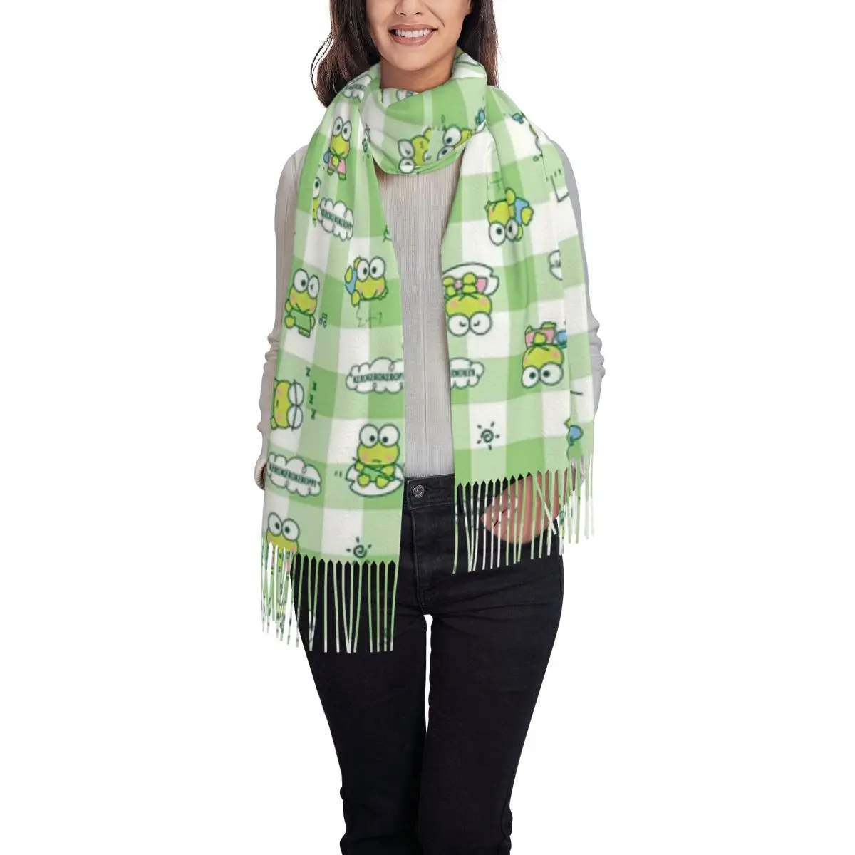 Custom Series Keroppi Scarf Wrap Women Long Winter Warm Tassel Shawl Unisex Scarves