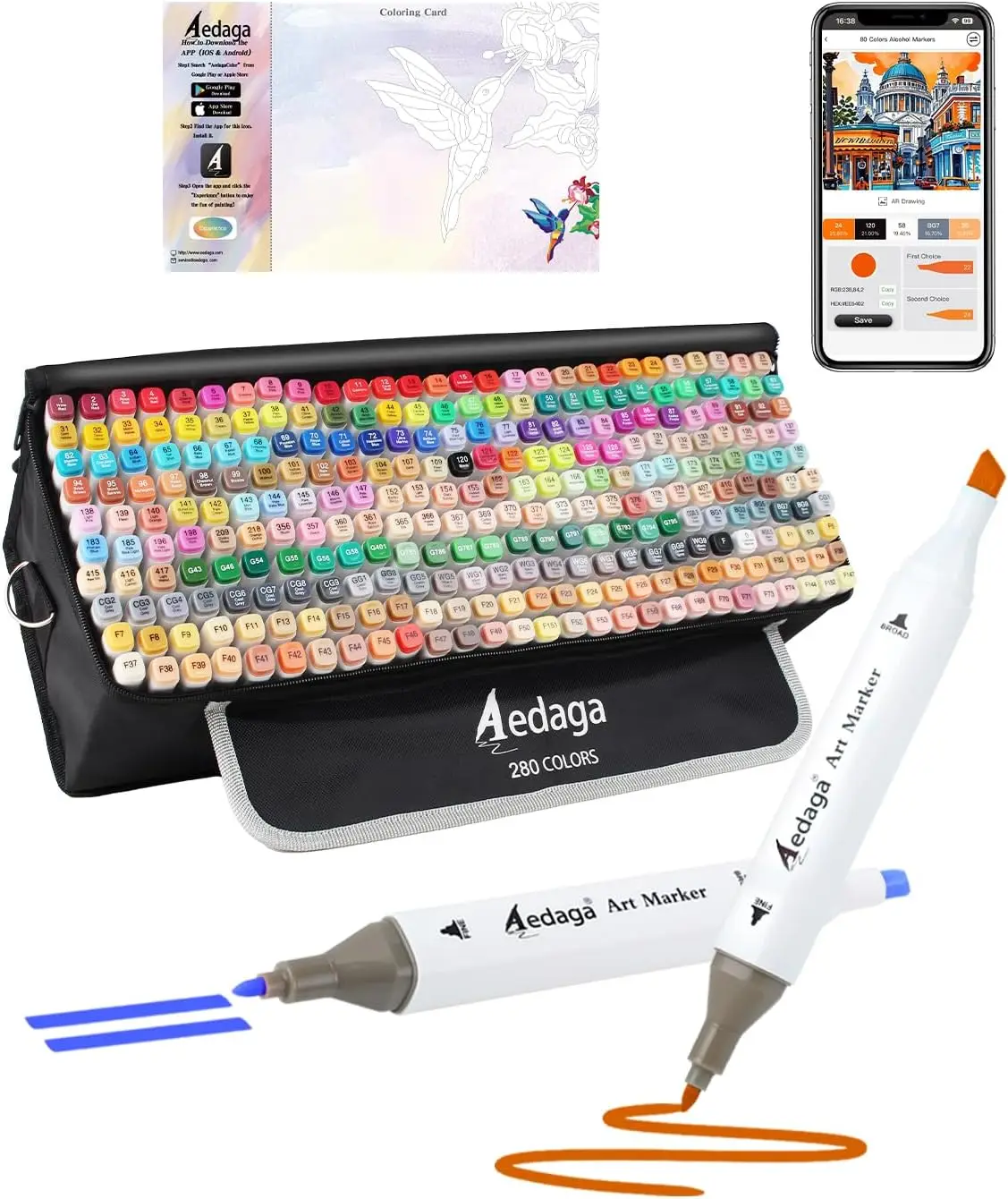 

280 Colors Alcohol Markers with Free App, Dual Chisel & Fine Tips for Adult Coloring, Drawing, Painting - Great Gift for Artists