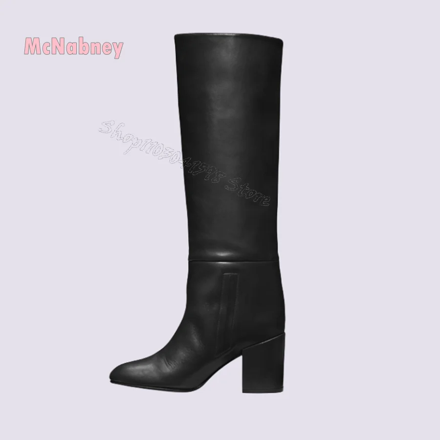 Black Leather High Heel Boots Round Toe Chunky Knee High Boots for Women Fashion Camping Party Boots2024 New Zapatos Para Mujere