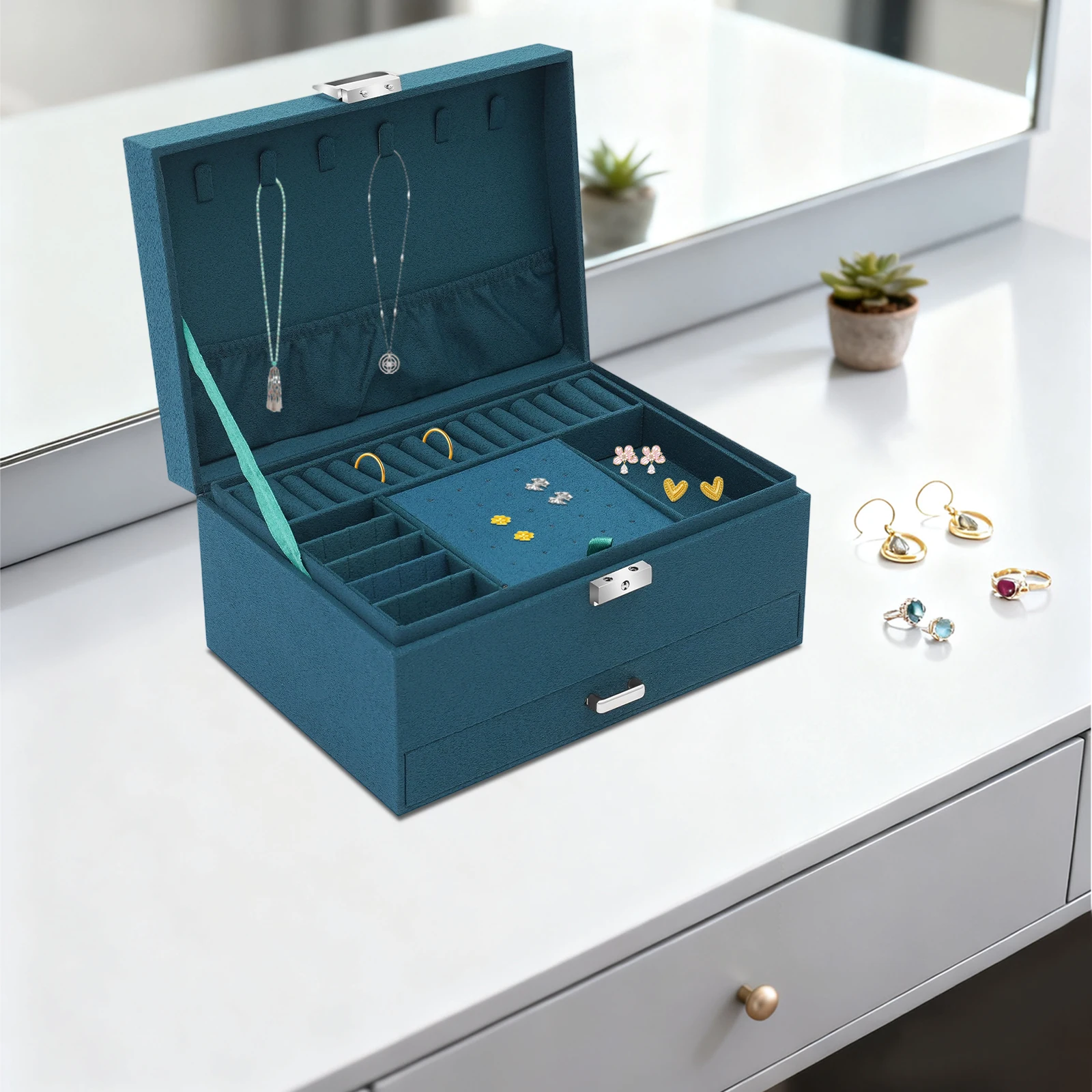 

3 Layers Jewellery Box with Removable Tray, Large Jewelry Storage Case with Portable Case for Rings, Earrings, Blackish green