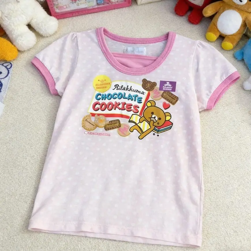 Japanese Cartoon Bear Printed Aesthetic Clothes Short-sleeved T-shirt Summer New Sweet Pink Cute False Two-piece Women Y2k Top