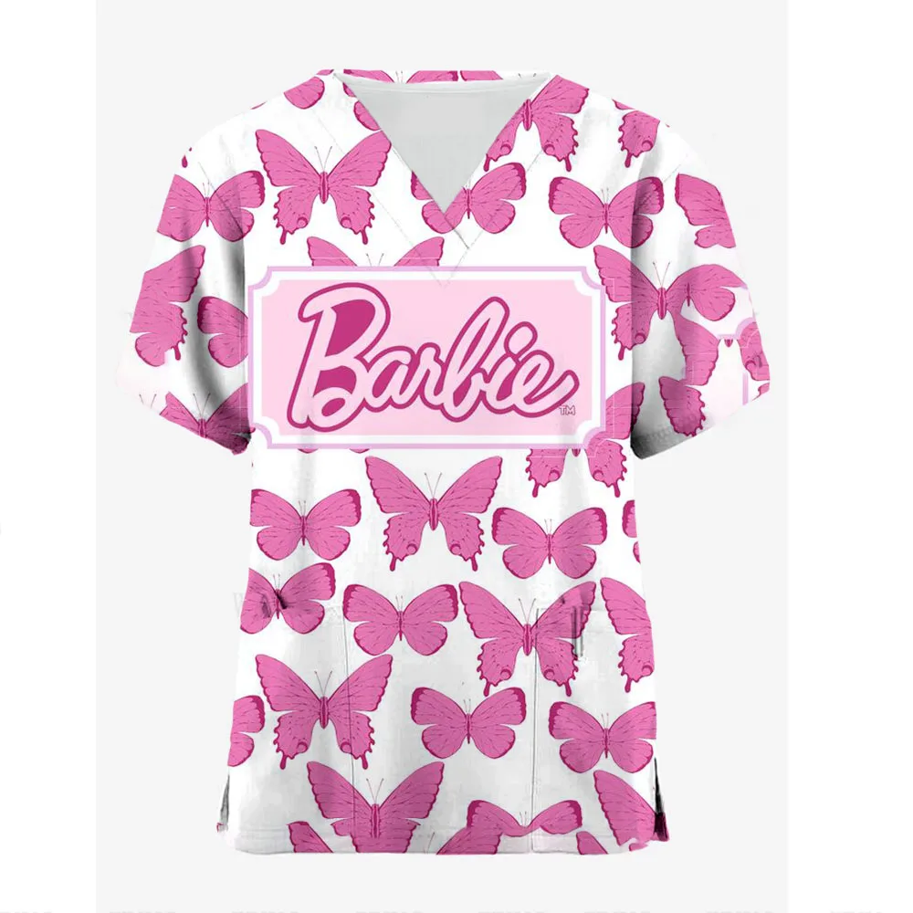 

High Quality Barbie Princess Print women's Matte Top V-neck Cartoon Uniform Thin Nurse Top women's Short Sleeved Healthy Color