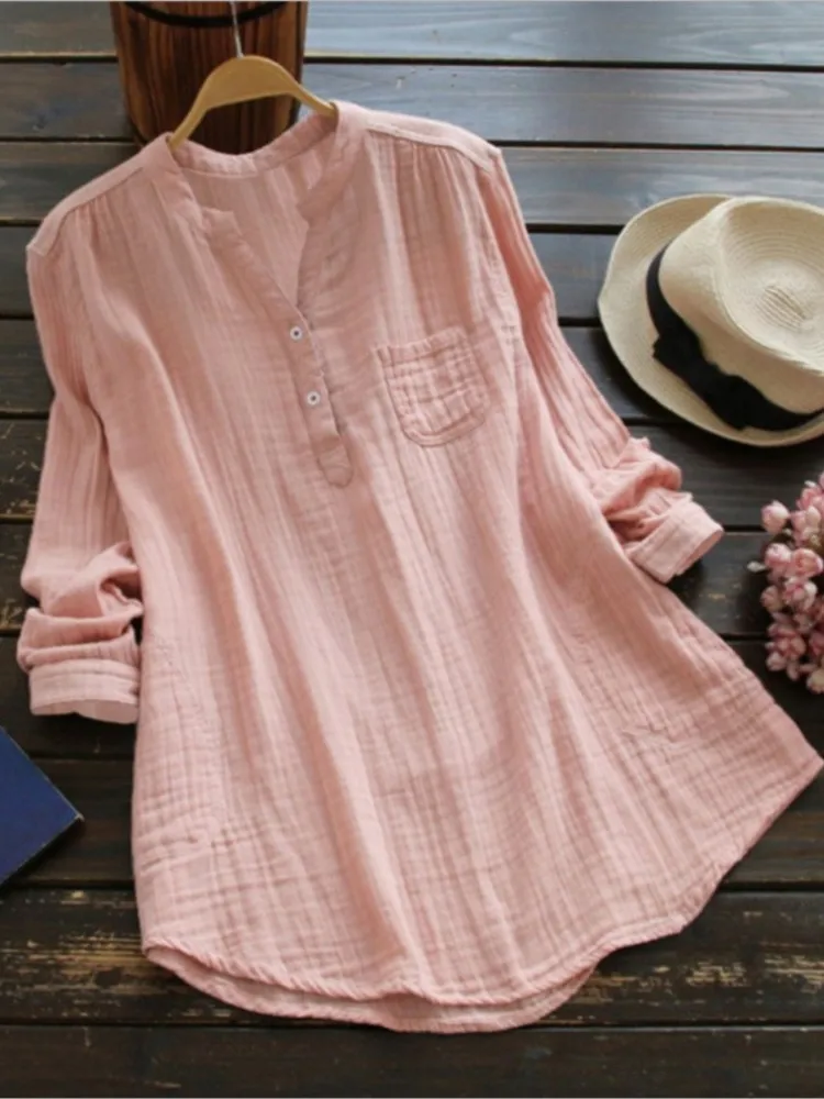 

Spring Women Shirt Semi-open V Neck Long Sleeves Buttons Placket Pullover Blouse Tops Casual Cotton Linen Solid Color Lady Shirt