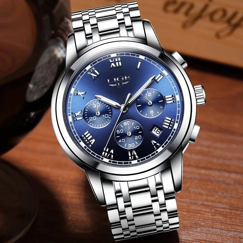 LIGE  Fashion Watches with Stainless Steel Top Brand Luxury Sports Chronograph Quartz Wristwatc Men Relogio Masculino