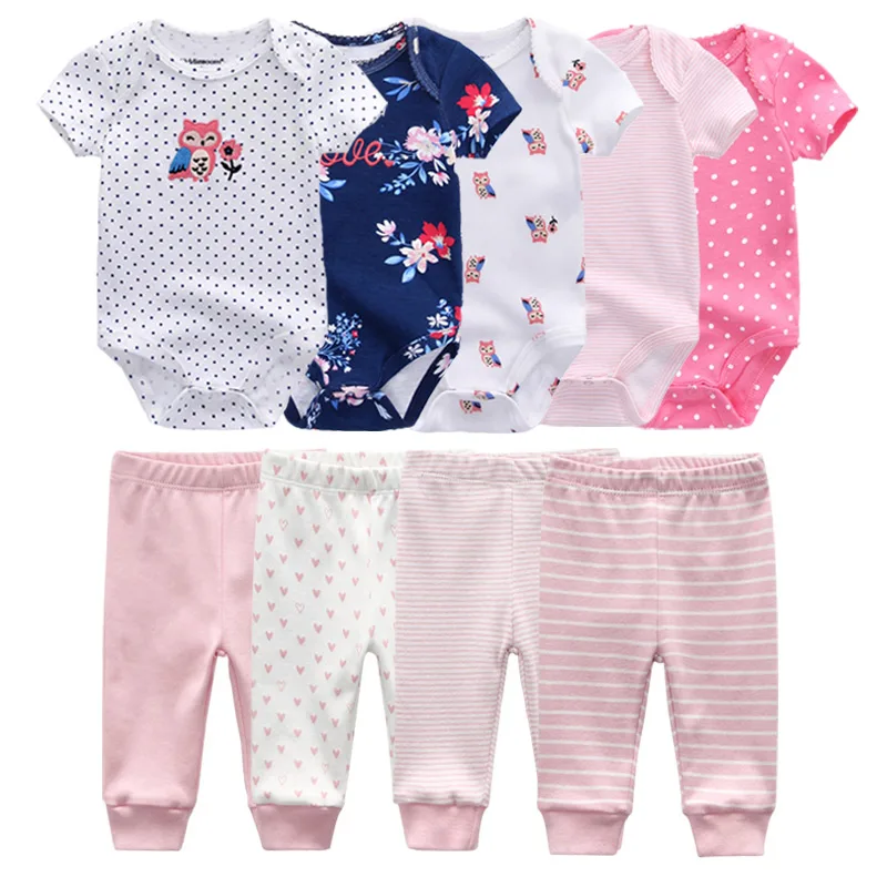 Unisex 6/9/10Pieces Cotton Bodysuits+Pants Newborn Baby Girl Clothes Print Baby Boy Clothes Sets Short Sleeve Bebes