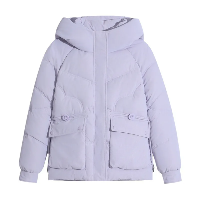 2024 Winter Women\'s Coat Short Pure Color Cotton Jacket Female 2 Pocket Hooded Parkas Coats Women\'s Thicken Warm Padded Jacket