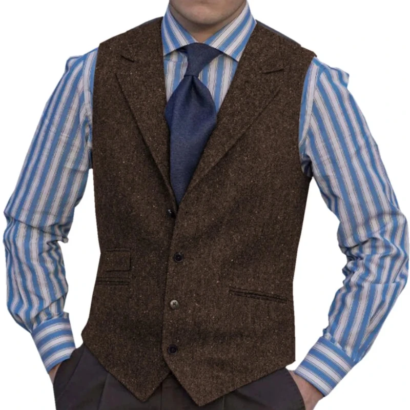 Men Vest Brown Linen Classic Herringbone Tweed Notchlapel Waistcoat For Wedding Birthday Banquet Business Work Men Suit Vest