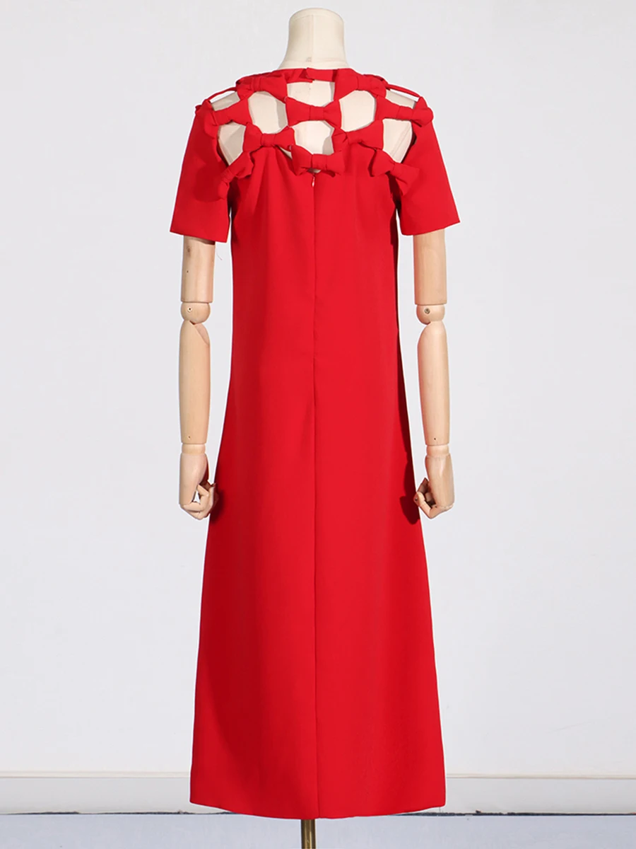 VGH Solid Hollow Out Afslankjurken Voor Vrouwen Ronde Hals Korte Mouw Hoge Taille Gesplitste Strik Vintage A-lijn Jurk Vrouwelijke