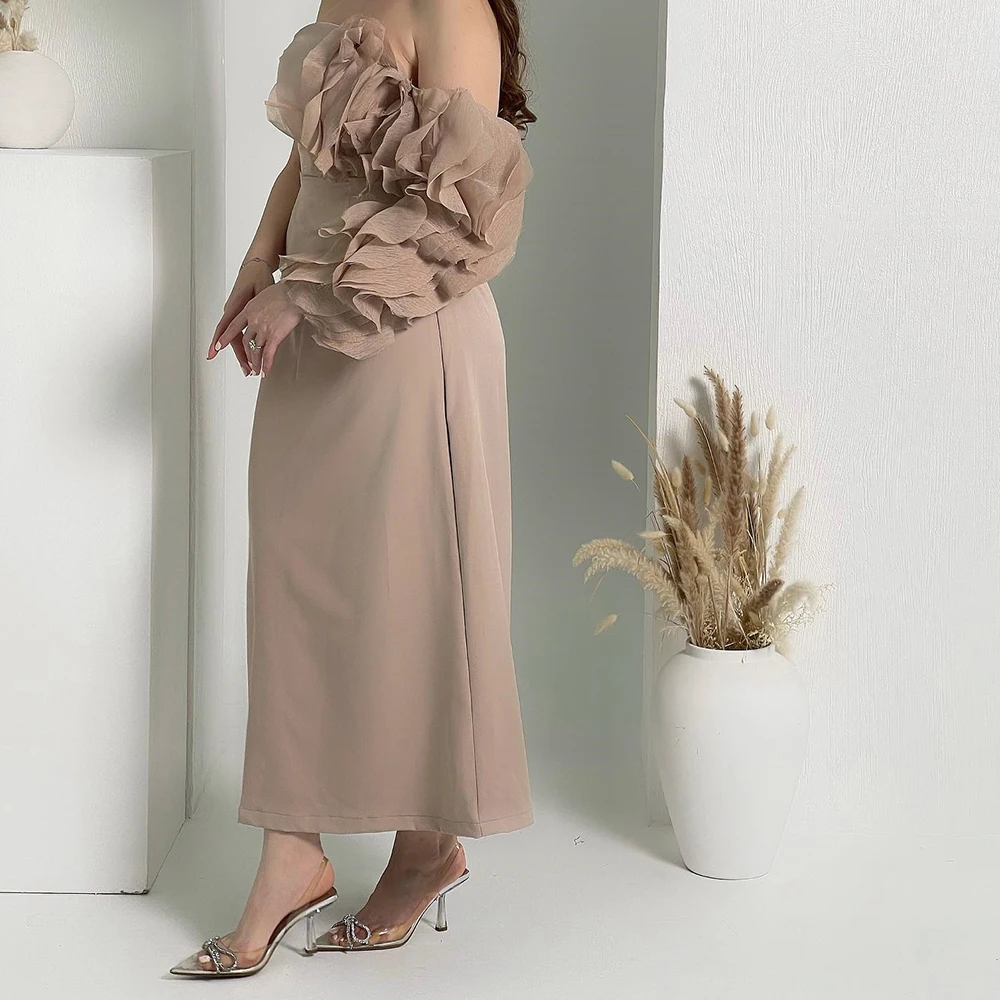 Customized Classic Strapless One Shoulder Ankle Length Evening Dress Temperament A-Line Jersey Long Sleeves Pleats Party Gown