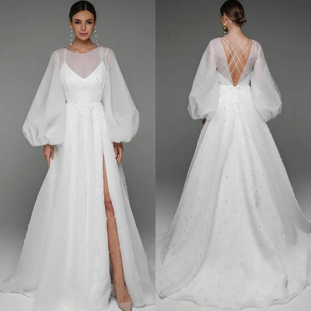 

Customized Simple Charming Formal Dress Women Elegant Hall Wedding Dress Satin Pearl Pearl O-Neck Off-the-shoulder Dresses