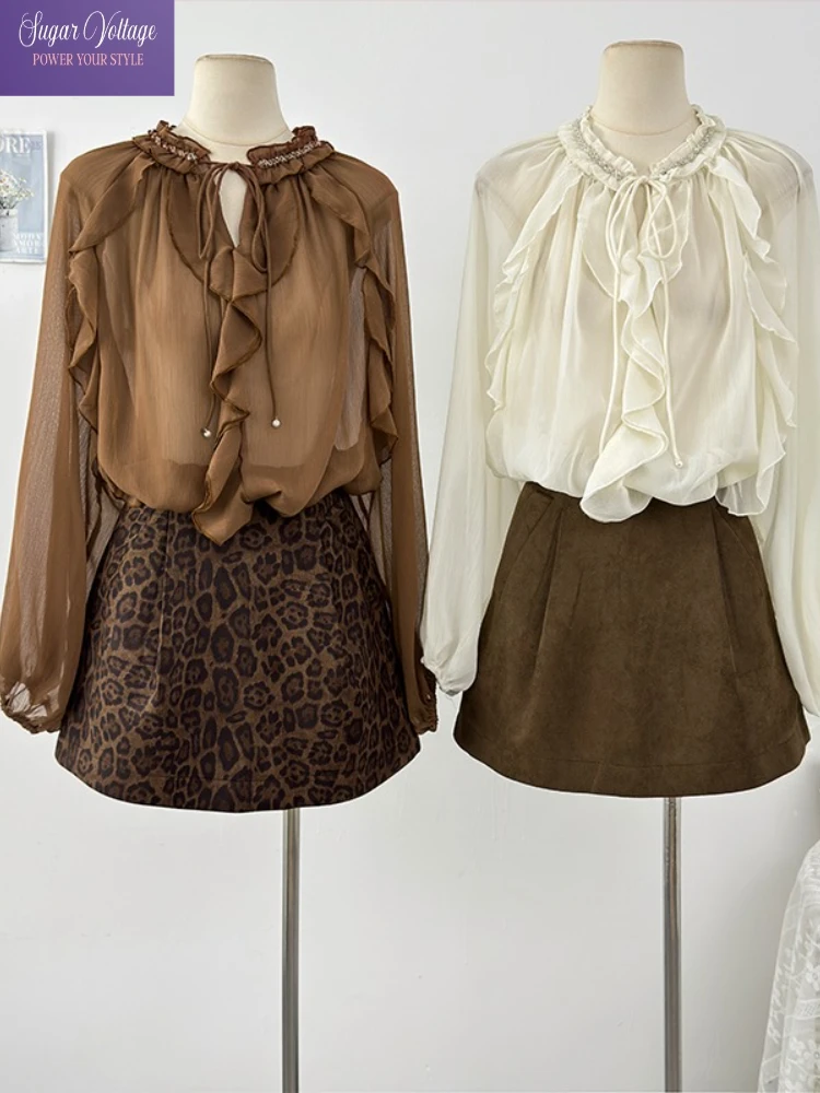 

Autumn New Korean Fashion Vintage Elegant Tops Women Loose Puff Sleeve Lace-Up Flounce Shirts Office Lady Casual Solid Blouse