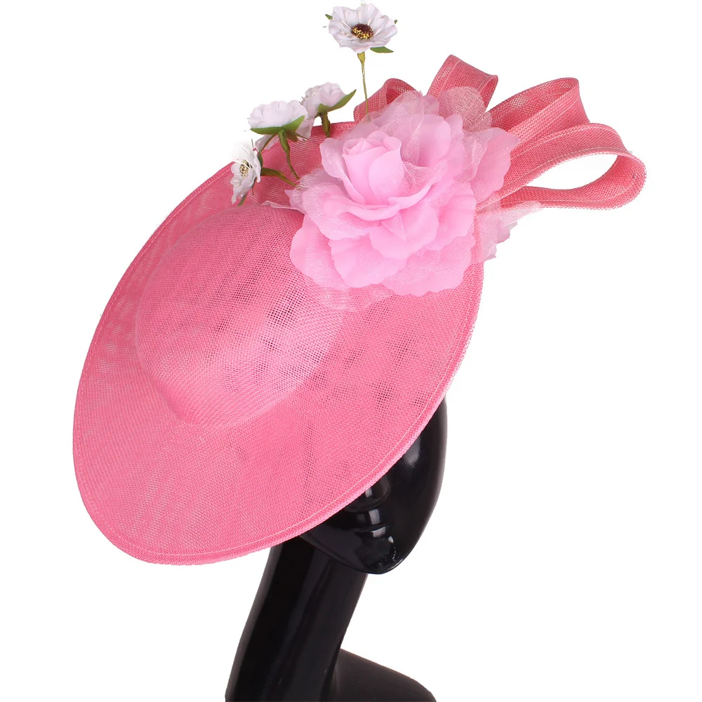 

Elegant Pink Feather Fascinator Wedding Bridal HairClip Hat For Party Cocktail Headpiece Lady Chic Floral Pattern HeadWear