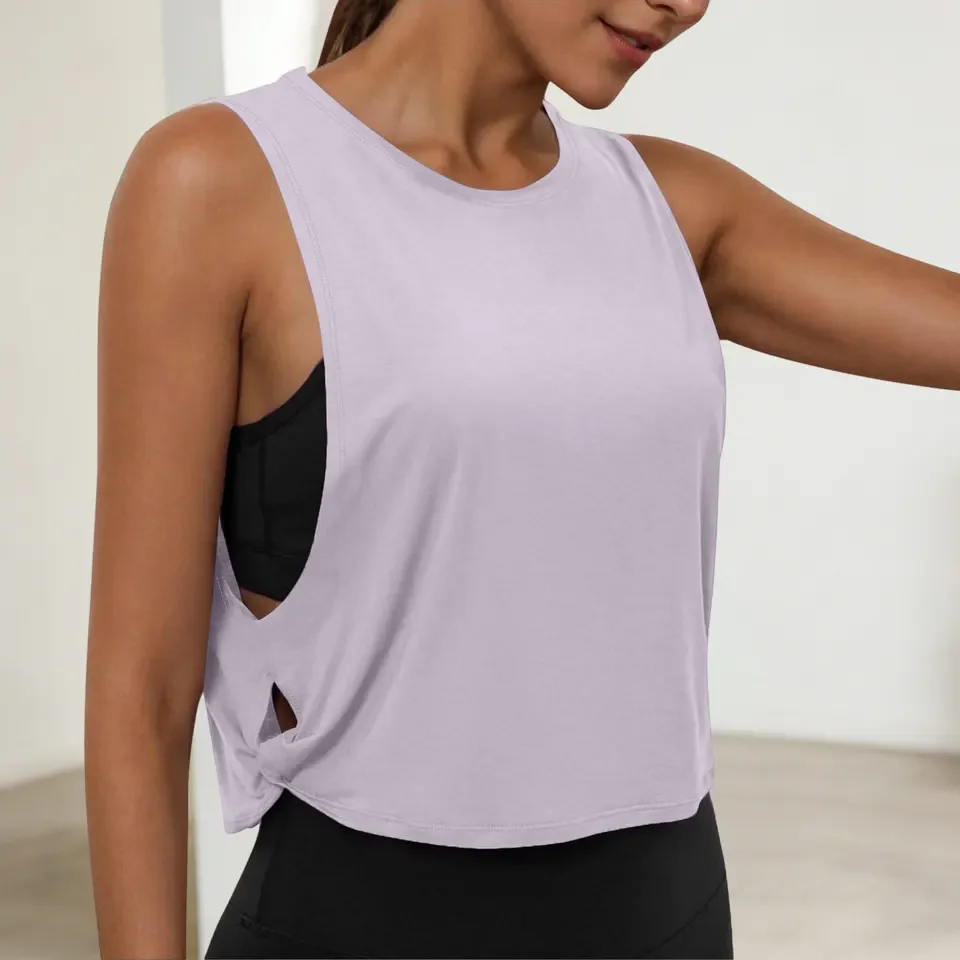 Women Sleeveless Yoga Tops Athletic Vest Gym Workout T-Shirt Solid Color Casual Running Short Tank Crop Top Sports Outfits