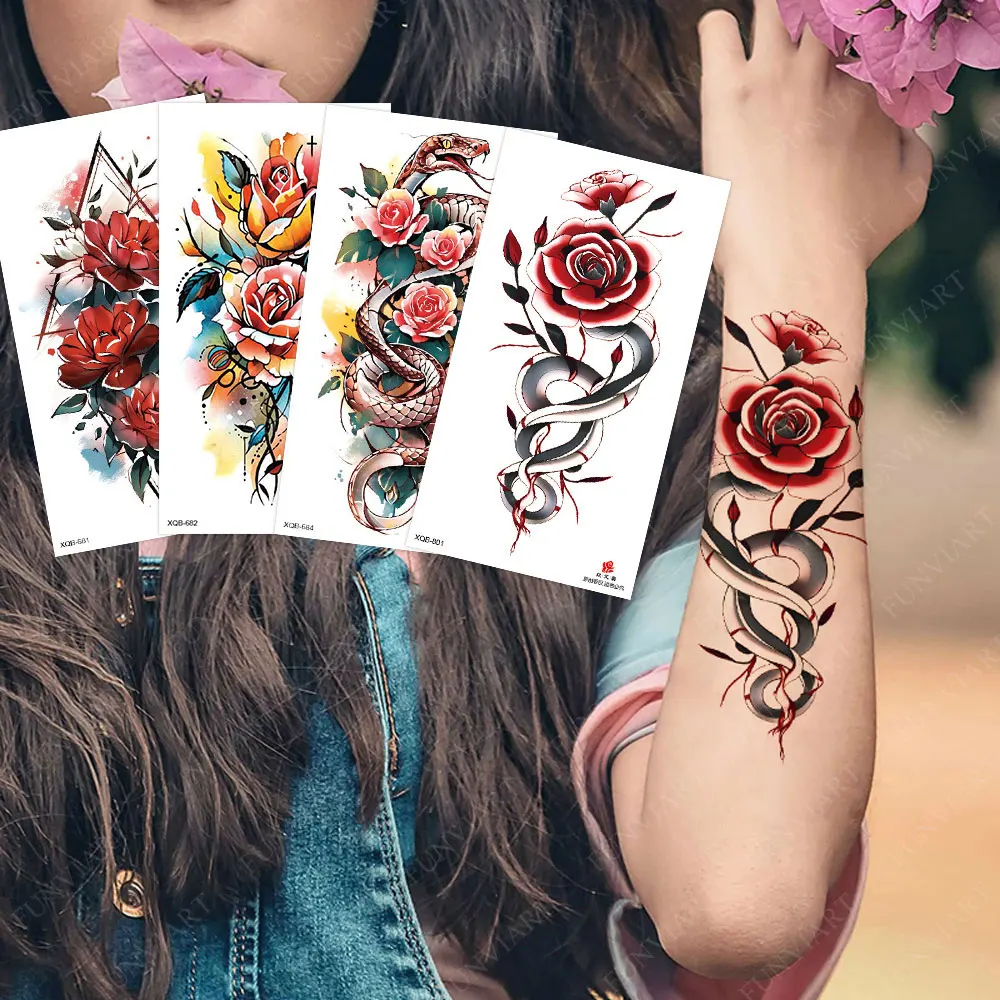 

Waterproof Flower Temporary Tattoos for Women Men Snake Floral Tattoo Stickers for Hand Arm Body Art Dispossible Fake Tattoo