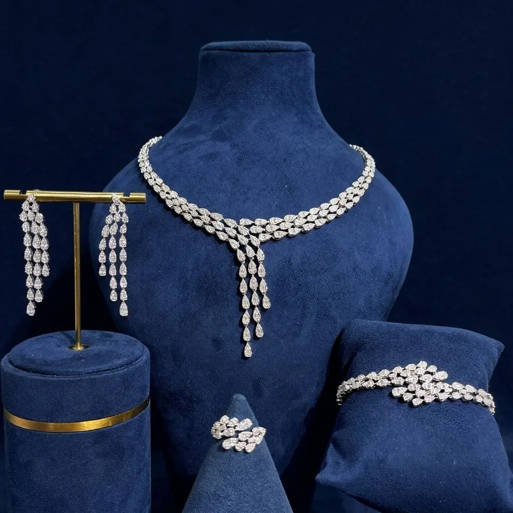 

Bride Talk Luxury Waterdrop Zircon Bridal Jewelry Set 4Pcs Elegant Fringe Tassel Design Wedding Accessories for Women Party