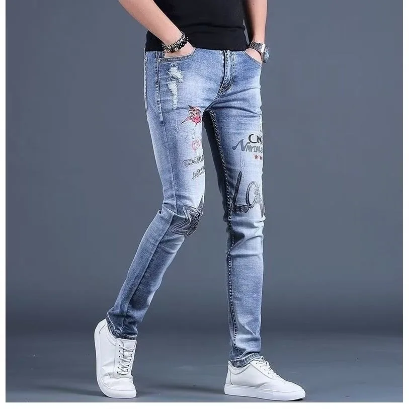 New arrive light luxury men’s blue jeans pants,Trendy Korea style slim pants,Love embroidery street pants,Ripped casual jeans;