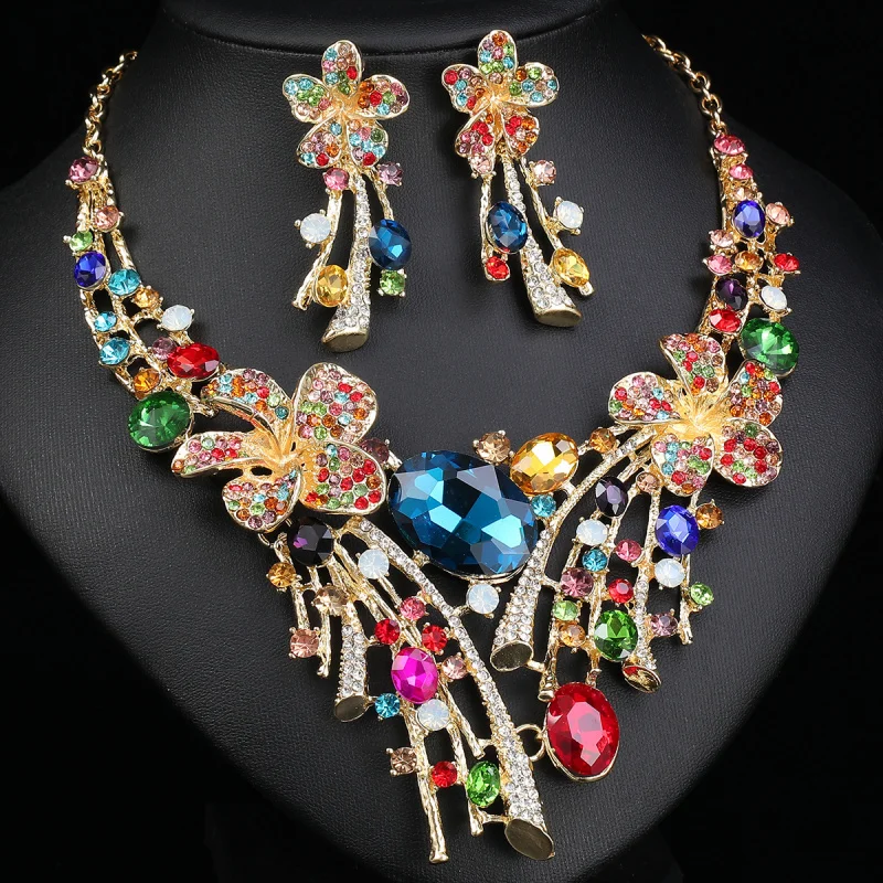 Western Colourful Rhinestone Flower Earrings and Necklace