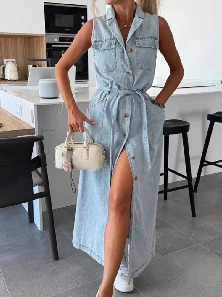 

Elegant Laple Collar Lace-up Solid Denim Dress Casual Sleeveless Pocket Slim Long Dress Women Fashion Button Waist Party Dresses