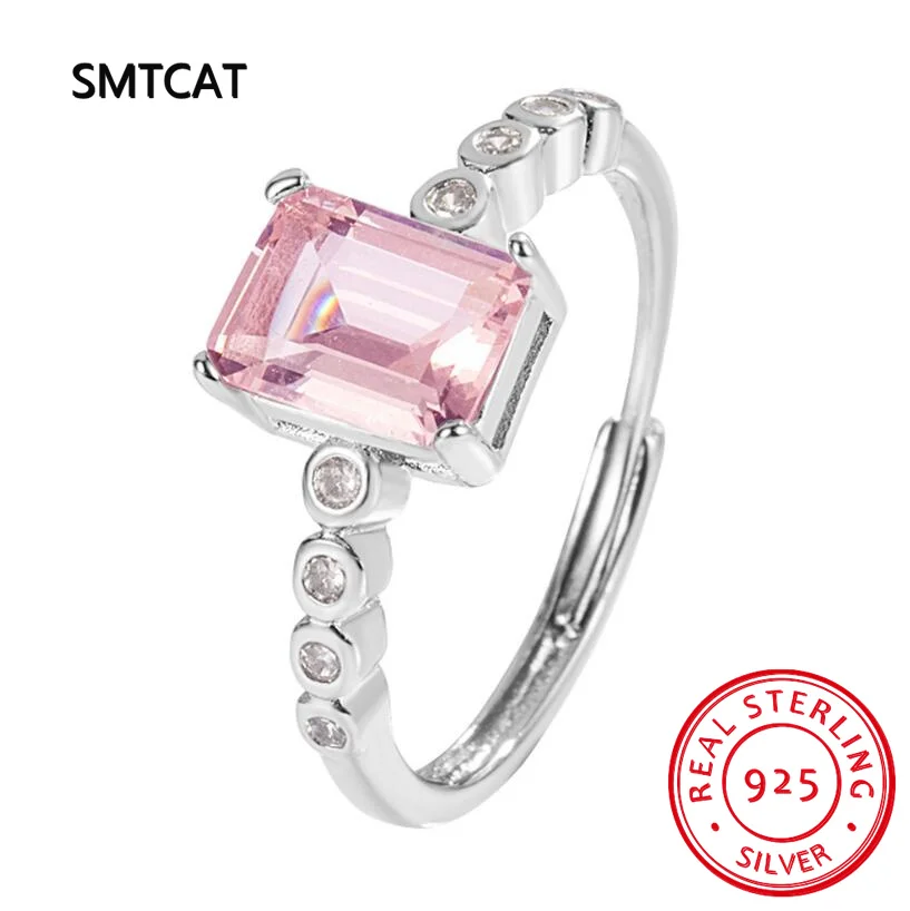 Emerald Cut Created Pink Sapphire 925 Sterling Silver Geometric Rectangle Adjustable Ring for Women Statement Gemstone Jewelry