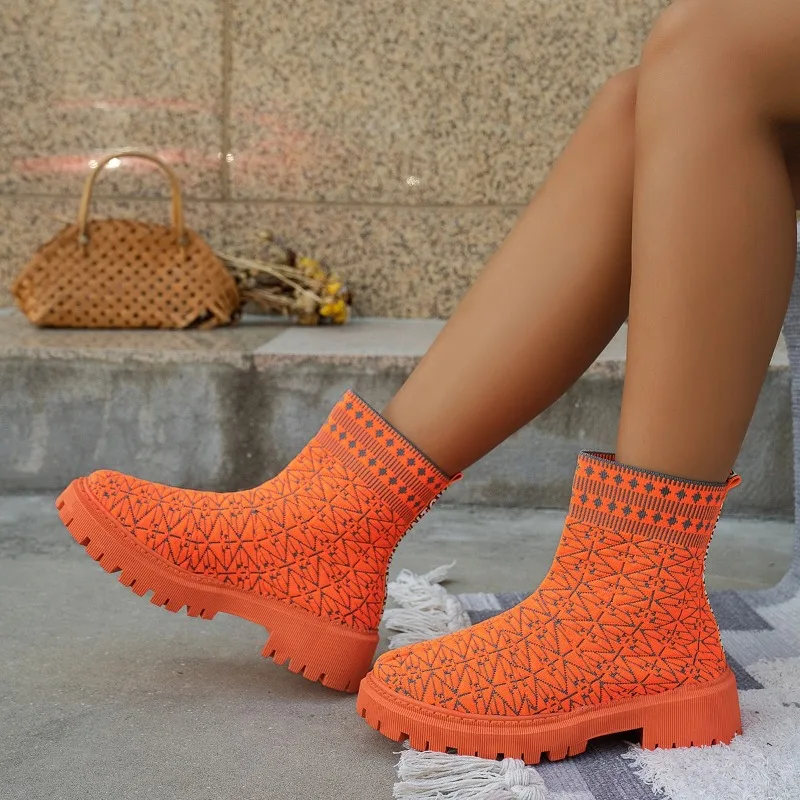 Female Shoes on Sale 2023 Winter Knitted Breathable Women\'s Sock Boots Non-slip Thick-soled Ladies Short Boots Botas De Mujer