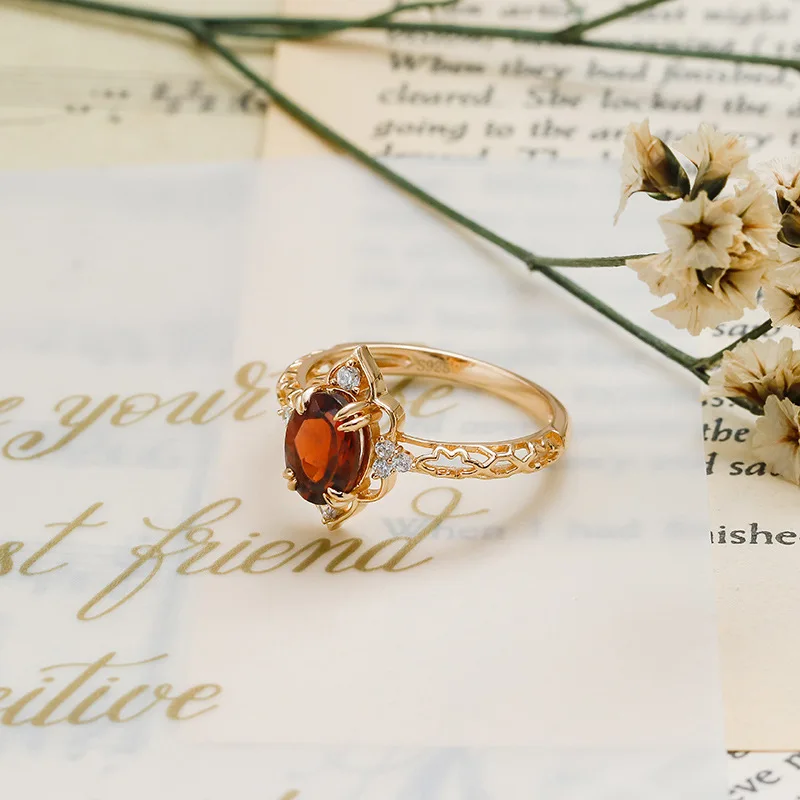 LAMOON Vintage Bijou Wedding Engagement Natural Garnet Ring For Women Hollow Out Pattern S925 Silver Gold Vermeil Fine Jewelry