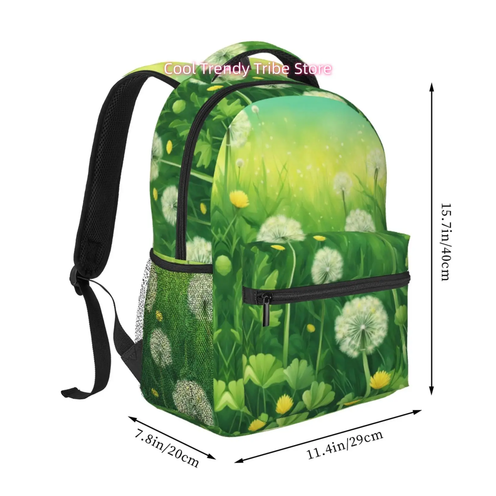 Green Dandelion Meadow Print Backpack, Nature-Inspired Oxford Daypack, Adjustable Shoulder Straps, for Casual Outings& Travel