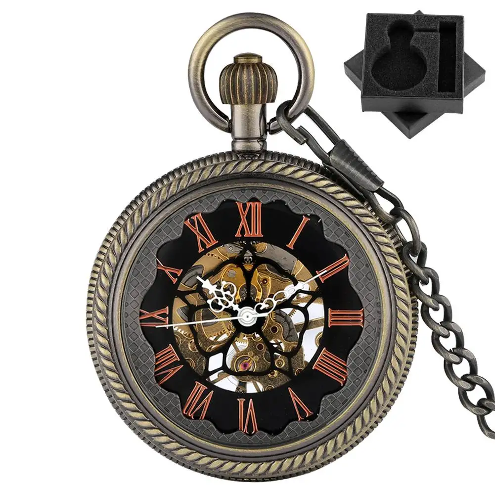 ارتفع الذهب الأرقام الرومانية الميكانيكية اليد لف ساعة الجيب الزجاج الشفاف Steampunk خمر الرجال فوب سلسلة قلادة على مدار الساعة