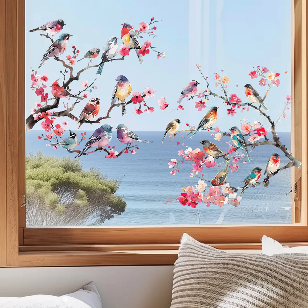 Pink Tree Branches Peach Blossoms And Birds Wall Stickers For Glass Window Decoration Bedroom Living Room Self-Adhesive Decor