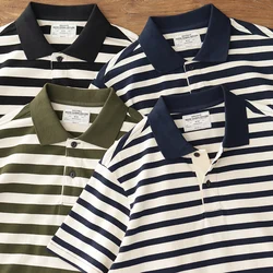 Summer New American Retro 230g Short Sleeve Laepl Sailor Striped Polo Shirt Men's Fashion 100% Cotton Washed Heavyweight T-shirt