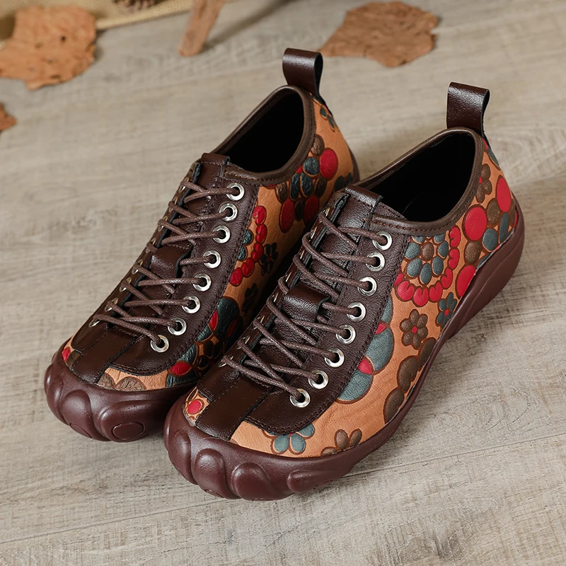 1700S Genuine Leather Shoes Women\'s Luxury Moccasins Lace Up Ballet Flats Vintage Floral Loafers Elderly Woman Anti Kick Shoes