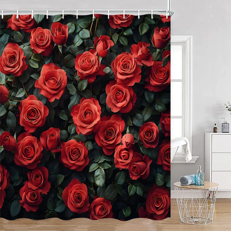 Red Roses Floral Shower Curtain Romantic Flower Plant Love Romance Bath Curtain Polyester Modern Bathroom Decoration with Hook