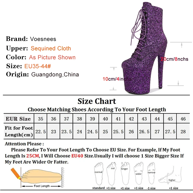 20CM Glitter Sequined Pole Dance Shoes High Heels Nightclub Platform Ankle Boots Sexy Catwalk Lace Up Women\'s Boots Plus Size