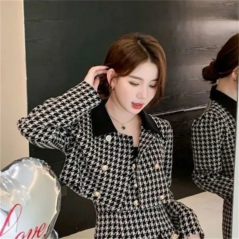 2023 Spring Summer New Fashionable All-match Plaid Double-Breasted Shirt+Suspender Waist Slim Professional OL Dress Commuting Q