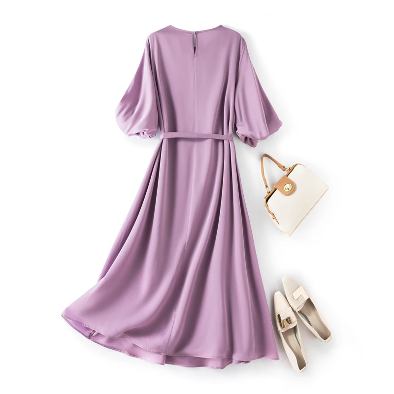 2023 Women\'s Fashion Summer New Mid Length Round Neck Bud Sleeve Mulberry Silk Loose A-line Party Dress