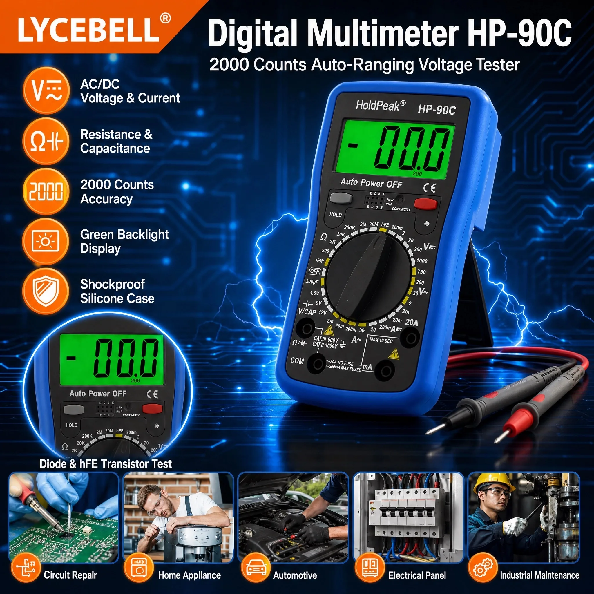 HoldPeak 90C Auto Range Digital Multimeter 2000 Counts AC/DC Voltage Current Resistance Capacitance Diode Transistor CAT III