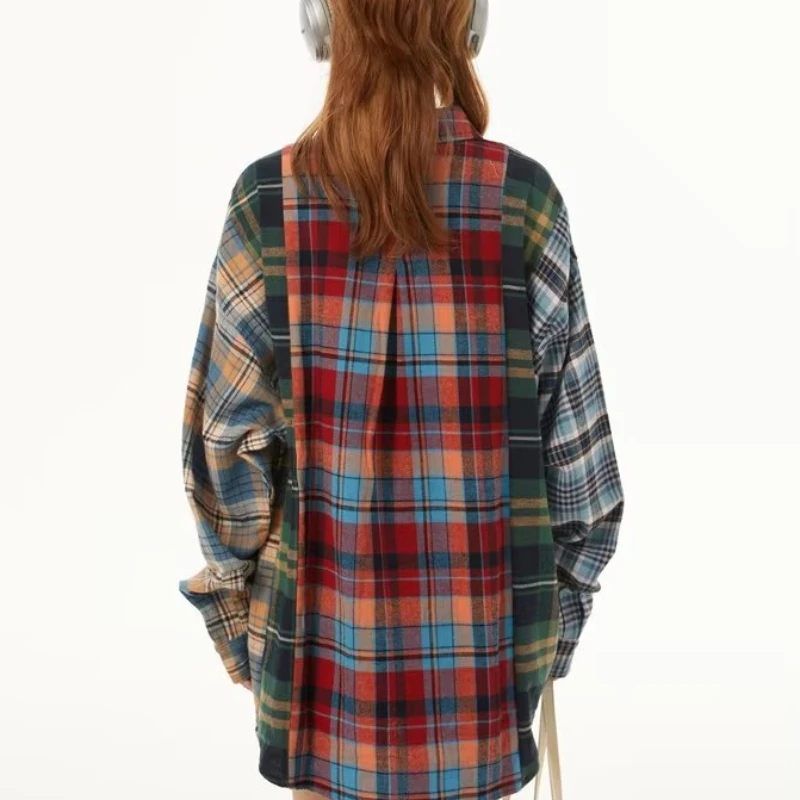 Plaid Shirts Women European Style Vintage Nostalgic Contrast Color Turn-down Collar All-match Prevalent Ladies Clothing Summer