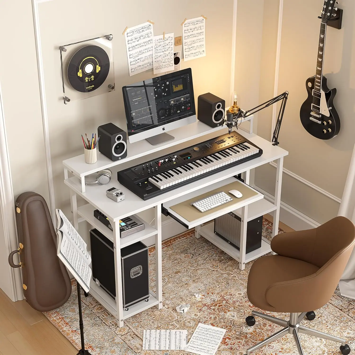 Computer Desk with Keyboard Tray, 47 Inch Office Desk with Monitor Stand and Storage Shelves, Music Studio Desk, Work Table Gami