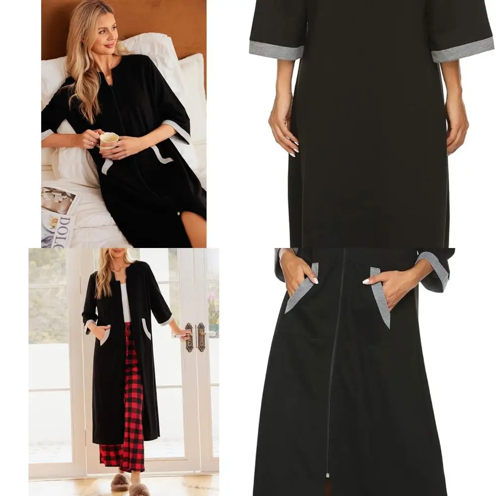

3/4 Sleeve Women's Zippered Robe - Full-Length Lounge Dress with Pockets & Nightgown Feature