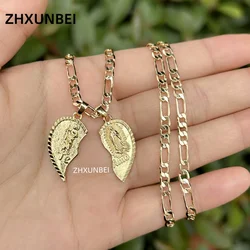 14K Gold Plated Figaro Chain Break Heart Pendant Necklace Catholic Our Lady of Guadalupe San Judas Tadeo Women Necklace Jewelry