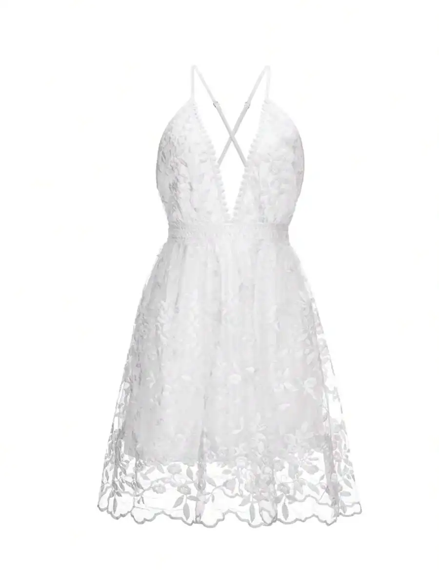 

Women Sleeveless Boho Lace Dress Spaghetti Strap Deep V Neck High Waist Beach Sundress