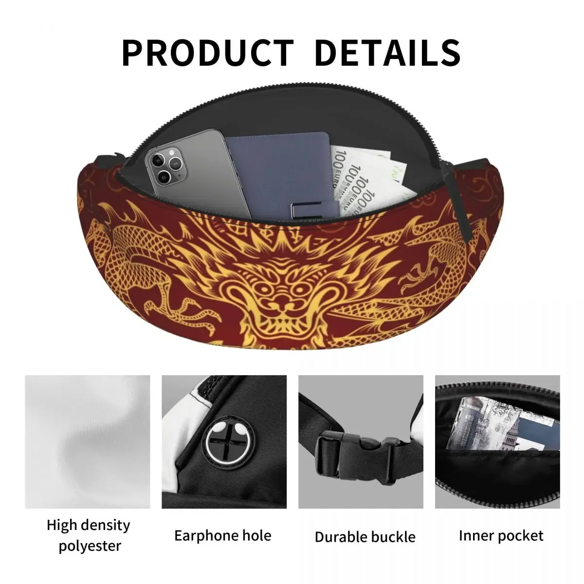 Dragon Totem Asian Style Fanny Pack Women Men Chinese Oriental Mythical Crossbody Waist Bag for Camping Biking Phone Money Pouch