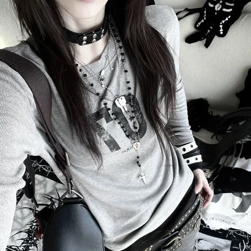 

Готическая футболка с длинными рукавами в стиле пэчворк Y2K, повседневный топ унисекс, темная академическая эстетичная рубашка для мужчин и женщин, уличная одежда, новинка