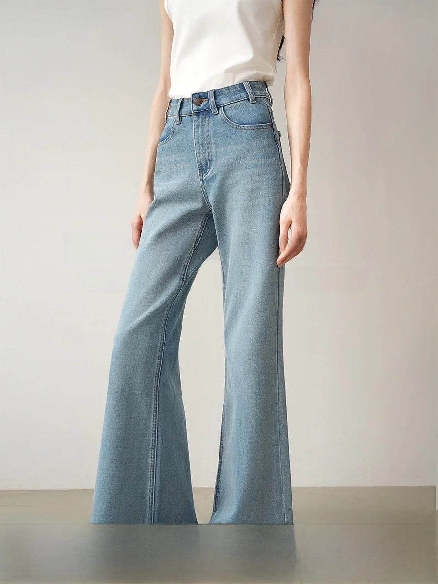 

Retro Washed Light Blue High Waist Wide Leg Jeans Women's Spring Slimming Flared Floor-Length Pants Commute Style Casual Wear